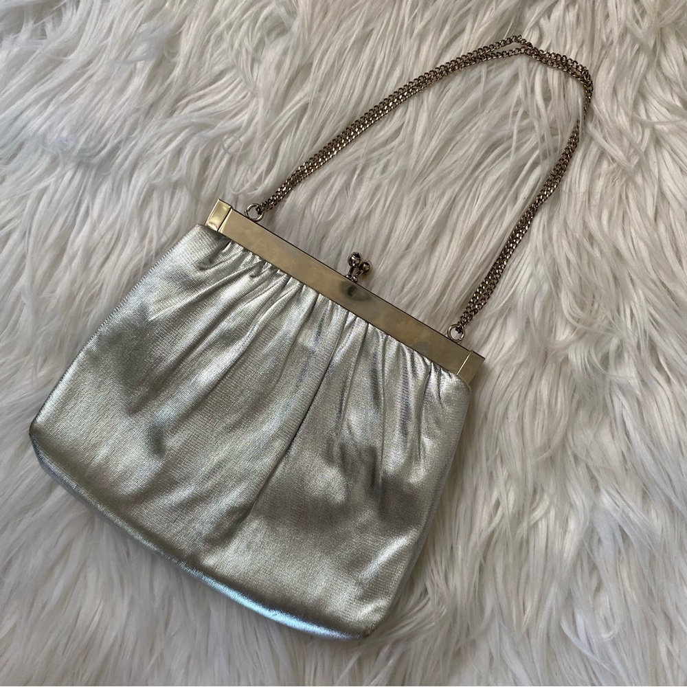 Vintage HL USA Satin Handbag Set Coin Purse Mirror Silver Convertible Chain VTG - Picture 3 of 16